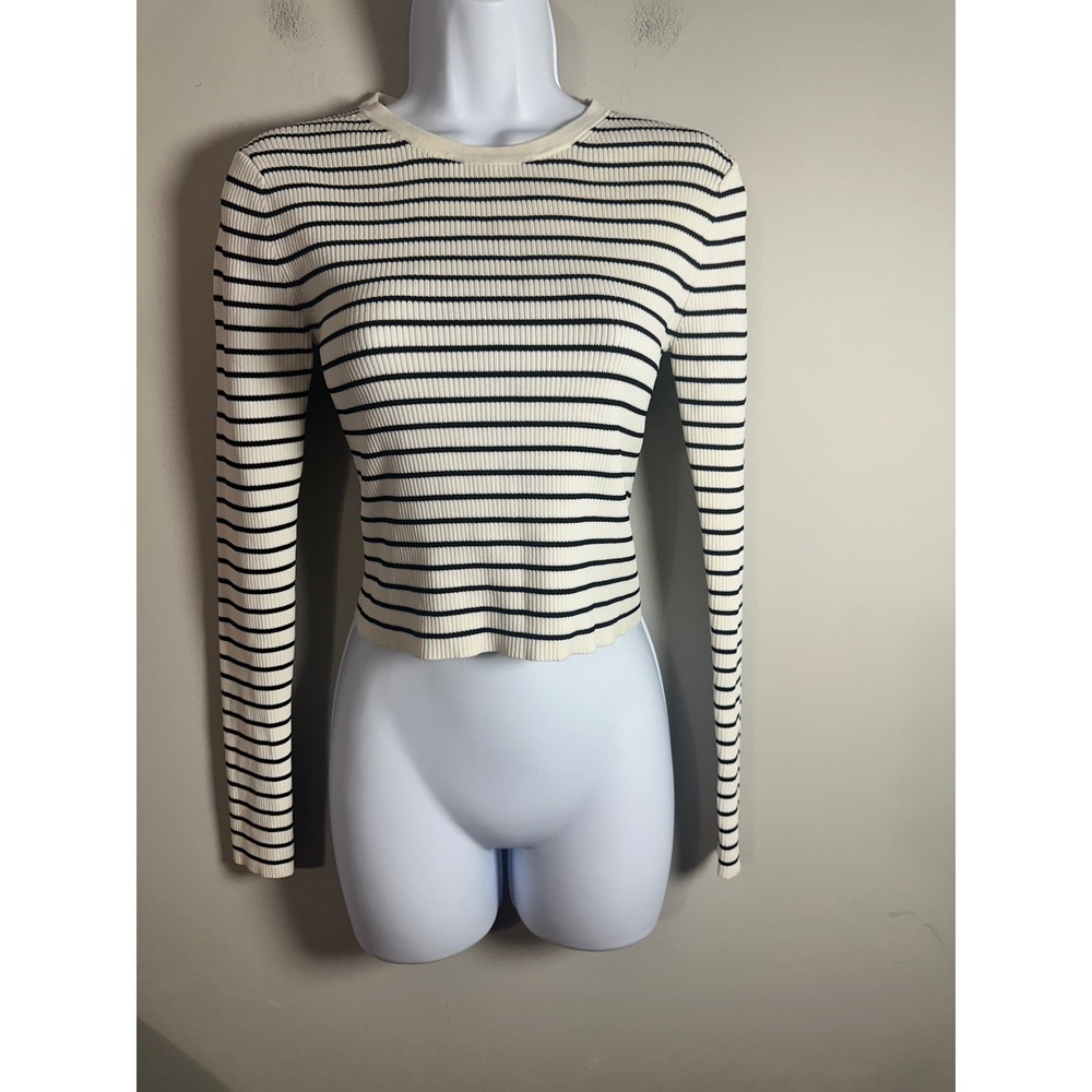 Michael Kors Womens Small Striped Ribbed Knit Cropped Long Sleeve Sweater Cream